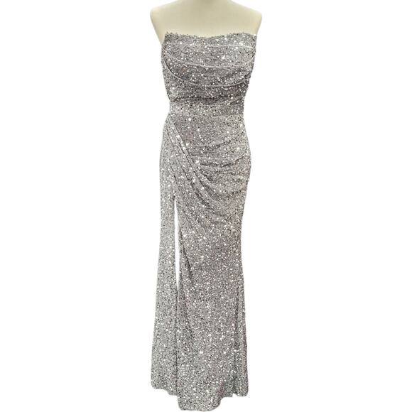 NWT Silver Strapless Sequin Evening Gown with Corset Back on Velvet Fabric - Picture 1 of 13